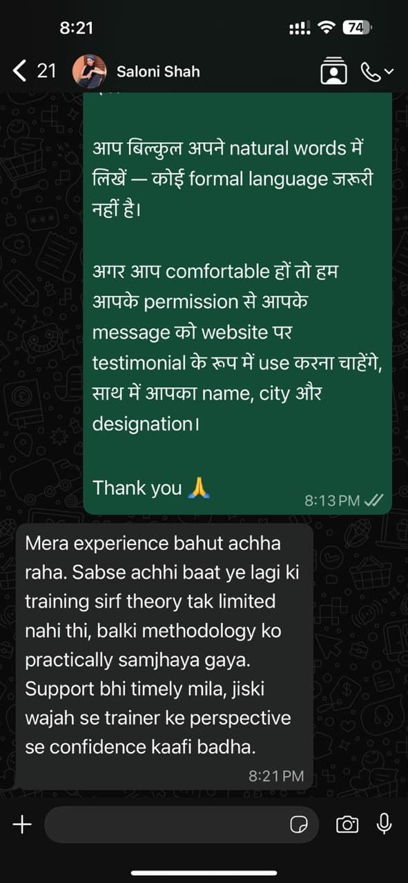 WhatsApp testimonial from Saloni Shah, Delhi
