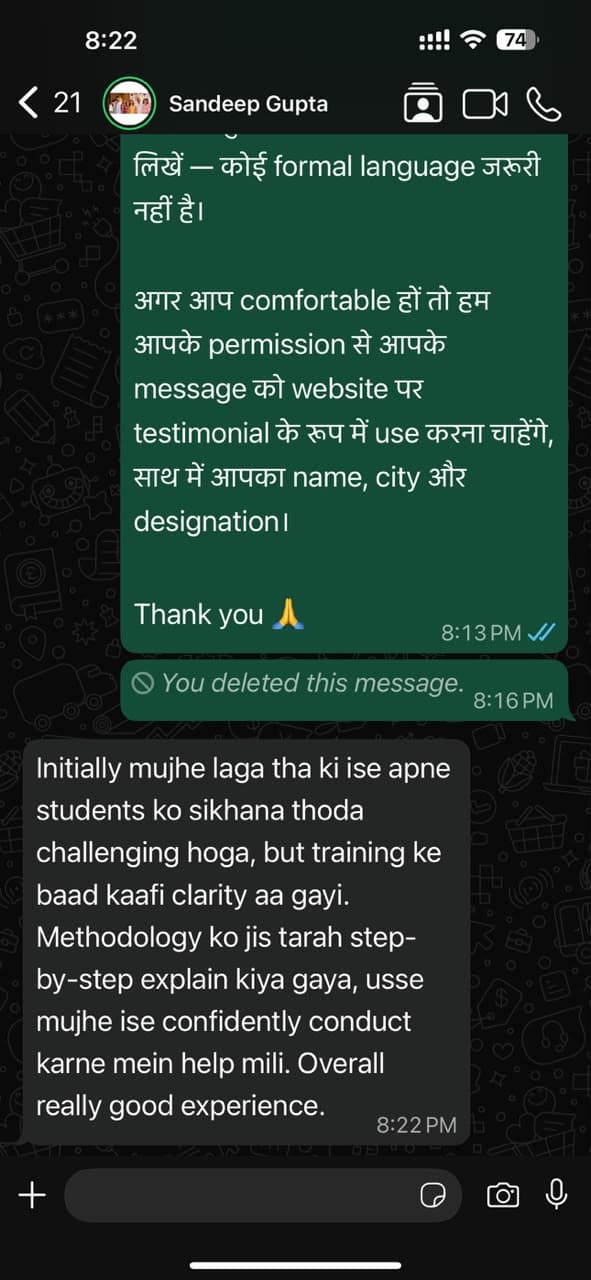 WhatsApp testimonial from Sandeep Gupta, Kolkata