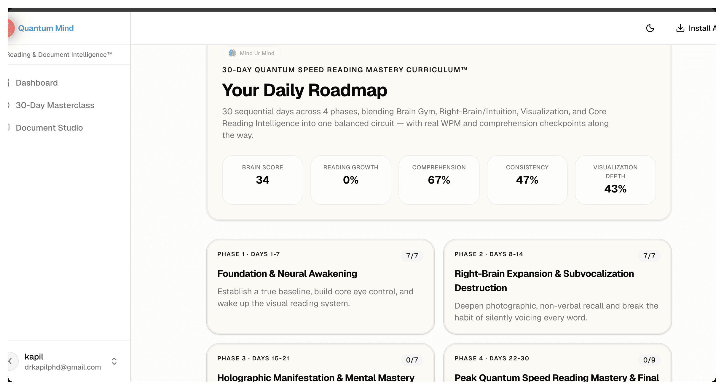 Your Daily Roadmap: the 30-day curriculum split into 4 phases, each tracked with real completion progress